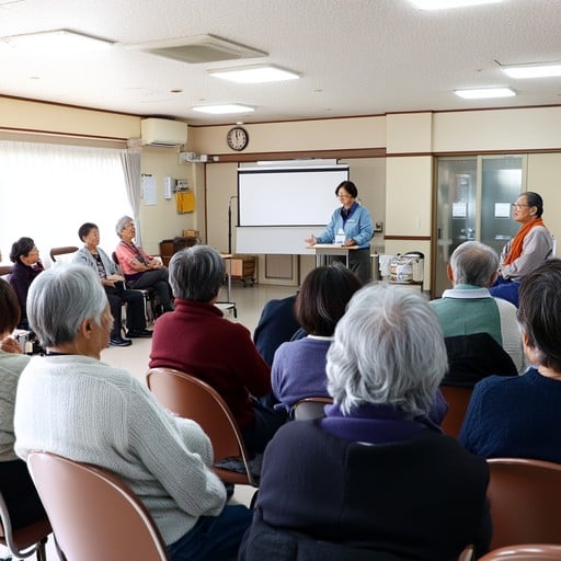 A senior arriving at a community health workshop with assistance
